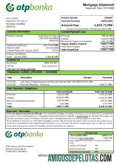 Declaração de hipoteca do banco OTP da Croácia Scr exemplo real